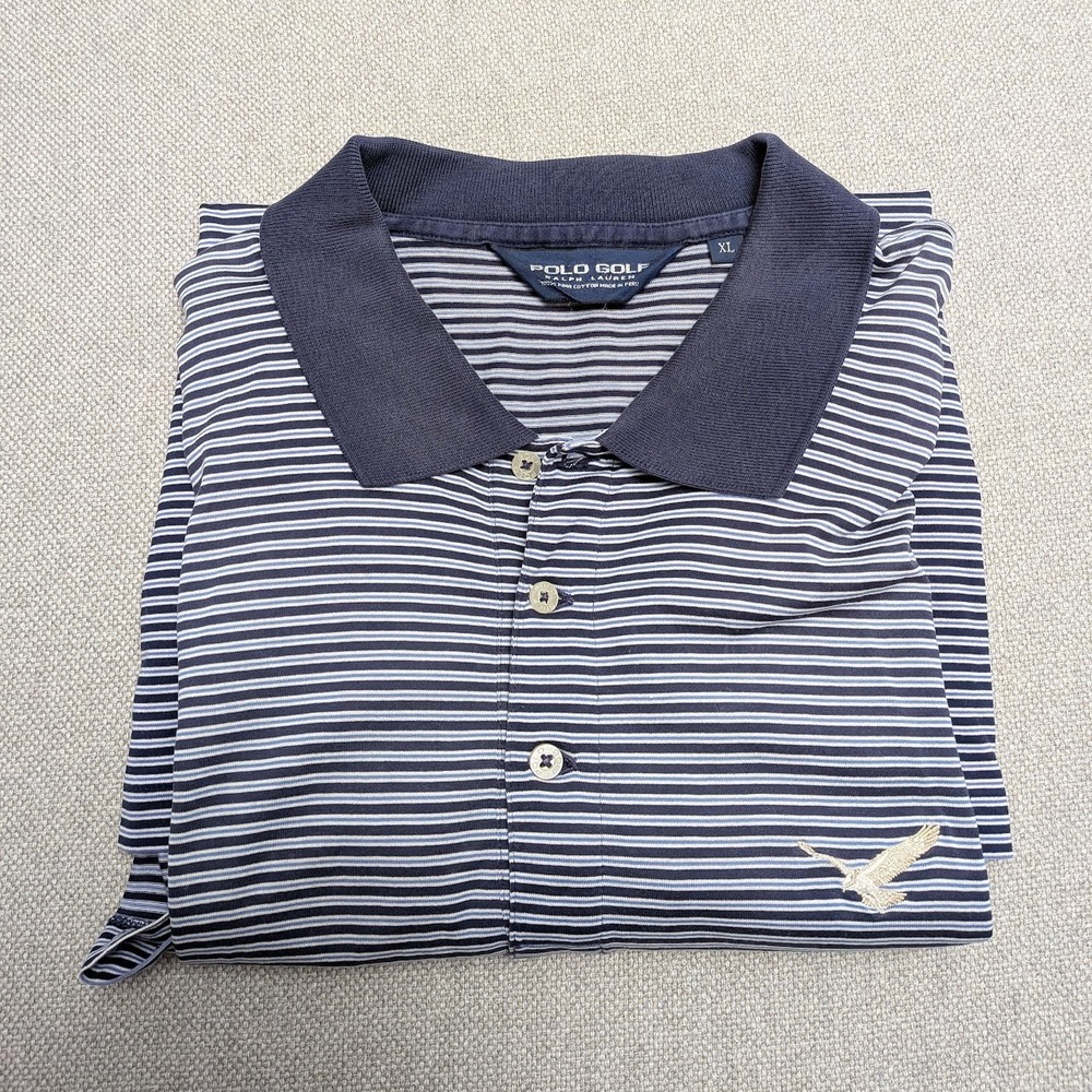 Polo Golf Ralph Lauren Shirt Mens XL Blue Pima Cotton Stripe Eagle Embroidered